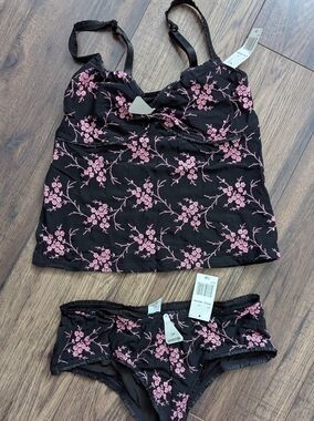 Spencer's Black Cami & Briefs with Pink Floral Embroidery